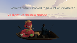 Size: 1920x1080 | Tagged: safe, artist:red4567, derpibooru exclusive, big macintosh, earth pony, human, pony, hard to say anything, 3d, boat, dialogue, fishing, fishing rod, implied shipping, male, ocean, pun, source filmmaker, stallion
