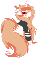 Size: 1024x1568 | Tagged: safe, artist:vanillaswirl6, oc, oc only, oc:makki, pony, unicorn, blushing, brown hair, chibi, clothes, coat markings, colored eyelashes, commission, cute, ear fluff, ear piercing, earbuds, featureless crotch, female, fluffy, hoodie, long mane, long tail, looking at you, looking back, magenta eyes, mare, mouth hold, no pupils, open mouth, piercing, plot, scrunchy face, solo, spots, sweatshirt