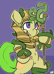 Size: 1280x1768 | Tagged: safe, artist:bbsartboutique, oc, oc only, oc:golden heart, semi-anthro, snake, armor, belly button, pharaoh, purple background, scepter, simple background, smiling, solo