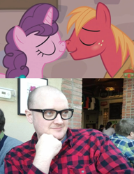 Size: 977x1271 | Tagged: safe, edit, edited screencap, screencap, big macintosh, sugar belle, human, hard to say anything, boop, female, irl, irl human, jim miller, just friends, kissing, male, noseboop, photo, shipping, straight, sugarmac