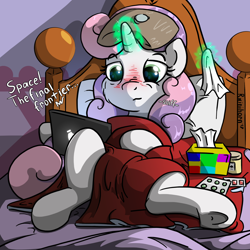 Size: 2000x2000 | Tagged: safe, artist:rainihorn, sweetie belle, pony, unicorn, bed, cold, computer, flu, hot water bottle, medicine, sick, solo, star trek, tablet, tissue, tissue box