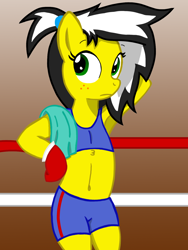 Size: 1200x1600 | Tagged: safe, artist:toyminator900, derpibooru exclusive, oc, oc only, oc:uppercute, anthro, earth pony, armpits, belly button, bipedal, boxing gloves, chest fluff, clothes, female, freckles, gradient background, mare, midriff, solo, sports bra, sports shorts, towel