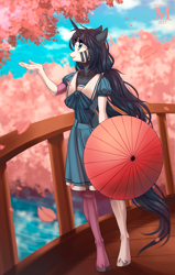 Size: 900x1413 | Tagged: safe, artist:margony, oc, oc only, anthro, unguligrade anthro, unicorn, bridge, clothes, female, mare, petal, river, scenery, solo, umbrella