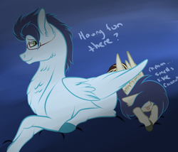 Size: 882x754 | Tagged: safe, artist:neonaarts, soarin', oc, oc:penumbra glow, pony, cute, glasses, hiding, nerd, text