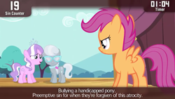 Size: 640x360 | Tagged: safe, screencap, diamond tiara, scootaloo, silver spoon, pony, flight to the finish, cinemare sins