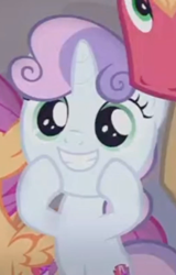 Size: 257x402 | Tagged: safe, screencap, scootaloo, sweetie belle, pony, hard to say anything, cropped, smiling, solo focus