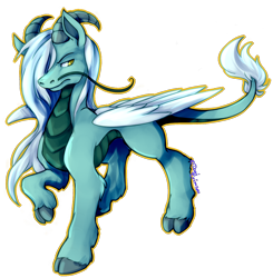 Size: 1114x1136 | Tagged: safe, artist:dogi-crimson, oc, oc only, oc:aeolus, kirin, pony, cloven hooves, horns, long mane, male, outline, ram horns, scaled underbelly, scowl, simple background, solo, transparent background, whiskers, wings