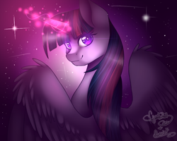 Size: 1000x800 | Tagged: safe, artist:minelvi, artist:punzieflower2002, twilight sparkle, twilight sparkle (alicorn), alicorn, pony, collaboration, glowing horn, solo, spread wings