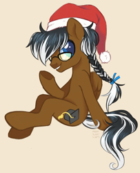 Size: 3303x4061 | Tagged: safe, artist:hawthornss, oc, oc only, oc:mortarboard, absurd resolution, glasses, hair accessory, hat, looking at you, santa hat, simple background, sitting, smiling, solo, underhoof