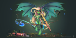 Size: 3464x1732 | Tagged: safe, artist:wilvarin-liadon, oc, oc only, oc:honeymint tea, dracony, hybrid, pony, a6m zero, aircraft carrier, bipedal, commission, crossbow, female, flutterkaku, kantai collection, large wings, looking at you, mare, open mouth, plane, shipmare, smiling, spread wings, wings