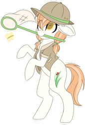 Size: 600x879 | Tagged: safe, artist:cinnamontee, oc, oc only, butterfly, earth pony, pony, bipedal, clothes, female, hat, mare, net, pith helmet, simple background, solo, transparent background