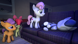 Size: 3840x2160 | Tagged: safe, artist:viranimation, apple bloom, rumble, sweetie belle, tender taps, 3d, cute, female, hoof sucking, male, rumbelle, shipping, sleeping, source filmmaker, straight