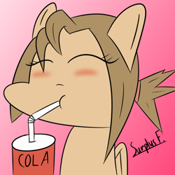 Size: 600x600 | Tagged: safe, artist:surplusflow, oc, oc only, oc:fizzy sassafras, pegasus, pony, blushing, gradient background, happy, soda, soda can, solo, straw