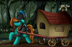 Size: 3926x2559 | Tagged: safe, artist:pridark, oc, oc only, changeling, pony, unicorn, changeling oc, eyes closed, forest, grass, raised hoof, scenery, sleeping, tree, wagon, wheel