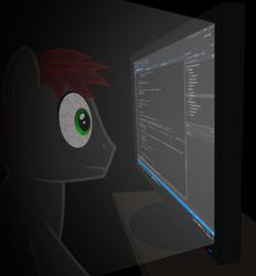 Size: 1383x1489 | Tagged: safe, artist:s4ncho, oc, oc only, earth pony, pony, bloodshot eyes, computer, dark, newbie artist training grounds, programming, solo