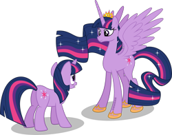 Size: 2267x1774 | Tagged: safe, artist:s4ncho, twilight sparkle, twilight sparkle (alicorn), unicorn twilight, alicorn, pony, unicorn, crown, duality, duo, ethereal mane, female, future future twilight, hilarious in hindsight, imminent death, in time, jewelry, mare, movie reference, newbie artist training grounds, older, older twilight, regalia, self ponidox, shoes, simple background, tattoo, time paradox, time travel, transparent background, ultimate twilight, vector