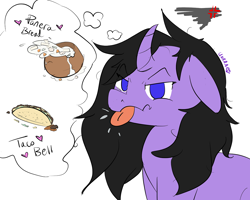 Size: 1280x1024 | Tagged: safe, artist:umbraamethyst, oc, oc only, oc:umbra amethyst, pony, unicorn, colored sketch, curved horn, female, flat colors, food, grumpy, jealous, panera bread, ponysona, sketch, solo, soup, taco, taco bell, thought bubble, tongue out