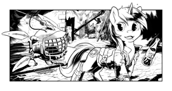 Size: 2550x1350 | Tagged: safe, artist:hobbes-maxwell, oc, oc only, oc:littlepip, oc:watcher, pony, unicorn, fallout equestria, black and white, clothes, fanfic, fanfic art, female, glowing horn, grayscale, horn, levitation, looking back, magic, mare, monochrome, open mouth, pipbuck, sparkle cola, spritebot, telekinesis, vault suit, wasteland