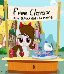 Size: 3000x3435 | Tagged: safe, artist:rsa.fim, oc, oc only, oc:whisper hope, pegasus, pony, bleach, bow, clorox, concession stand, female, mexican, ponyville, red eyes, ribbon, solo, spanish