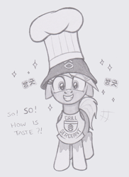 Size: 1027x1410 | Tagged: safe, artist:lockerobster, sergeant reckless, pony, apron, chef's hat, clothes, female, floppy ears, hat, helmet, korean, mare, monochrome, pun, solo, sparkling, traditional art, warpone