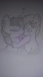 Size: 1080x1920 | Tagged: safe, oc, oc only, oc:mystic blare, oc:sapphire dawn, earth pony, pony, blushing, cute, heart, kissing, monochrome, piercing, shipping, traditional art