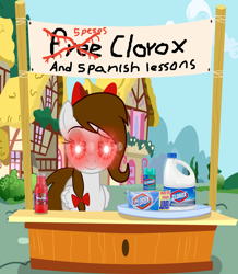 Size: 3000x3435 | Tagged: safe, artist:rsa.fim, oc, oc only, oc:whisper hope, pegasus, pony, bleach, bow, clorox, concession stand, female, mexican, ponyville, red eyes, ribbon, solo, spanish