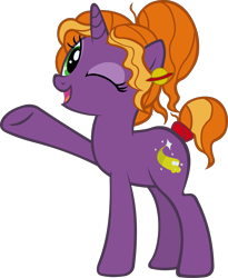 Size: 2457x3000 | Tagged: safe, artist:doctor-g, pony, unicorn, female, magic school bus, mare, ms. frizzle, one eye closed, open mouth, ponified, raised hoof, simple background, solo, transparent background, underhoof, wink