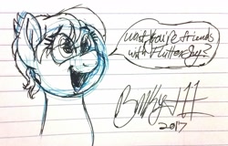 Size: 2198x1411 | Tagged: safe, artist:binkyt11, derpibooru exclusive, raspberry vinaigrette, pony, discordant harmony, female, lined paper, mare, monochrome, solo, speech bubble, traditional art