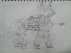 Size: 2580x1938 | Tagged: safe, artist:blastradiuss, pony, fallout equestria, armor, brotherhood of steel, power armor, powered exoskeleton, solo, t-60, t-60 power armor, traditional art