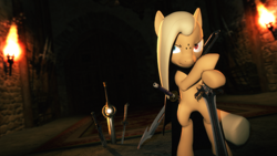 Size: 1920x1080 | Tagged: safe, artist:powdan, oc, oc only, oc:una cross slash, earth pony, pony, 3d, bipedal, cape, clothes, gmod, heterochromia, medieval, scar, sfm pony, solo, sword, torch, weapon