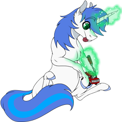 Size: 945x945 | Tagged: safe, artist:bijutsuyoukai, oc, oc only, oc:shifting gears, pony, unicorn, magic, male, screwdriver, simple background, solo, stallion, tongue out, toy car, transparent background