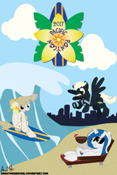 Size: 7200x10800 | Tagged: safe, artist:captshowtime, oc, oc only, oc:mission belle, oc:rockwell, oc:silver strand, earth pony, pegasus, pony, unicorn, absurd resolution, beach, camera, con, con mascot, con mascots, convention, fun in the sun, lying down, mascot, mascots, on back, pacific ponycon, pacific ponycon 2017, ppc, sunglasses, surfing