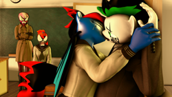 Size: 1920x1080 | Tagged: safe, artist:blackspoiler, cheerilee, oc, oc:blackspoiler, anthro, 3d, angry, anthro oc, classroom, kissing, source filmmaker