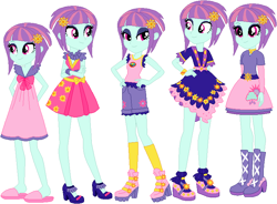 Size: 767x565 | Tagged: safe, artist:ra1nb0wk1tty, sunny flare, equestria girls, alternate costumes, boots, bracelet, camp everfree outfits, clothes, cloud, crossed arms, dress, hand on hip, hands behind back, high heels, jewelry, pajamas, party dress, raincloud, shoes, shorts, slippers, socks, sun