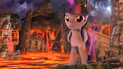 Size: 4000x2250 | Tagged: safe, artist:redaceofspades, twilight sparkle, twilight sparkle (alicorn), alicorn, pony, 3d, lava, ruins, scepter, source filmmaker, twilight scepter, tyrant sparkle