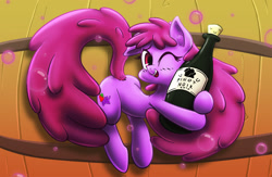 Size: 1788x1165 | Tagged: safe, artist:ikarooz, berry punch, berryshine, earth pony, pony, alcohol, bottle, female, hug, mare, smiling, solo, wine