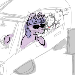 Size: 900x900 | Tagged: safe, artist:apony 4c, spike, twilight sparkle, dragon, pony, semi-anthro, unicorn, 4chan, big smoke, car, car seat, drawthread, drive thru, frown, grand theft auto, gta san andreas, open mouth, ponified, sunglasses