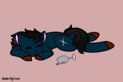 Size: 3000x2000 | Tagged: safe, artist:dookin, oc, oc only, oc:slashing prices, pony, unicorn, alcohol, cute, passed out, request, requested art, sleeping, solo, spill, wine, wine glass
