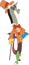 Size: 3001x6644 | Tagged: safe, artist:cloudyglow, discord, draconequus, make new friends but keep discord, .ai available, absurd resolution, bowtie, cane, clothes, dumb and dumber, eyes closed, hat, simple background, smiling, solo, standing, suit, top hat, transparent background, vector