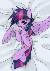 Size: 1240x1748 | Tagged: safe, artist:mrasianhappydude, twilight sparkle, twilight sparkle (alicorn), alicorn, pony, bed, body pillow, body pillow design, lidded eyes, messy mane, morning ponies, solo, tired