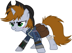 Size: 6634x4911 | Tagged: safe, artist:aborrozakale, oc, oc only, oc:littlepip, pony, unicorn, fallout equestria, absurd resolution, fallout, female, hat, mare, saddle bag, scar, simple background, solo, transparent background, vault suit, vector