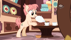 Size: 1024x576 | Tagged: safe, screencap, discord, raspberry vinaigrette, earth pony, pony, discordant harmony, cup, food, mouth hold, plate, table, tea, teacup, teapot