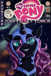 Size: 4195x6279 | Tagged: safe, artist:epsilontlosdark4, artist:moonkitty, nightmare moon, twilight sparkle, absurd resolution, comic cover, cover, digital painting, eye reflection, mare in the moon, moon, my little pony logo