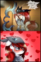 Size: 430x640 | Tagged: safe, artist:jane-soulwi, oc, oc only, oc:frowzie, oc:frozen blade, pony, unicorn, blushing, bow, clothes, costume, halloween, kindred, league of legends, looking back, masks