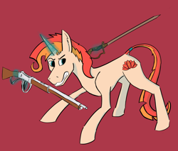 Size: 2170x1850 | Tagged: safe, artist:thedarksideofthefandom, oc, oc only, oc:firebolt cartidge, pony, unicorn, gritted teeth, gun, simple background, solo, sword, weapon