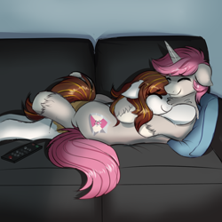 Size: 1000x1000 | Tagged: safe, artist:confetticakez, oc, oc only, oc:intrepid charm, oc:raven sun, earth pony, pony, unicorn, cuddling, eyes closed, female, male, mare, snuggling, sofa, stallion, tv controller