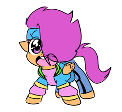 Size: 652x600 | Tagged: safe, artist:thegreatrouge, scootaloo, 80s, clothes, cute, cutealoo, hair over one eye, simple background, solo