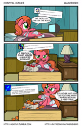 Size: 1280x1978 | Tagged: safe, artist:wadusher0, oc, oc only, oc:pun, earth pony, pony, comic:hospital hijinks, apple, comic, female, food, hospital, mare, potion, solo, television