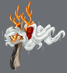 Size: 1280x1390 | Tagged: safe, artist:australian-senior, oc, oc only, oc:bonnie invictus, kirin, alternate universe, antlers, bow, bust, colored sclera, crossover, curved horn, female, golden eyes, gray background, hair bow, kirindos, lidded eyes, long neck, looking at you, neck fluff, p-body, ponytail, portal, portal (valve), portal 2, scales, simple background, slit eyes, smiling, solo, sparkles, windswept mane, yellow sclera