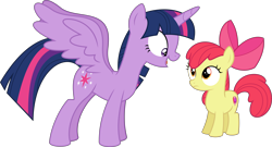 Size: 11857x6400 | Tagged: safe, artist:parclytaxel, apple bloom, twilight sparkle, twilight sparkle (alicorn), alicorn, earth pony, pony, the fault in our cutie marks, .svg available, absurd resolution, excited, female, filly, simple background, spread wings, stare, transparent background, vector